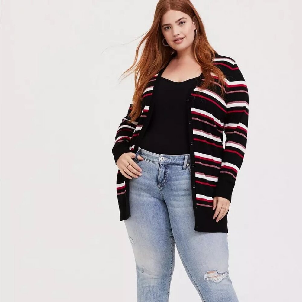 TORRID Red Multi Stripe Jacquard Boyfriend Cardigan Size 3